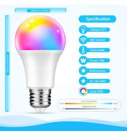 Bombilla LED 10W SMART Wifi  RGB+CCT  - A60 Regulable - E27