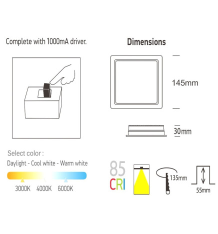 LED-alasvalo 15W - Neliö -OSRAM CHIP DURIS E 2835 - CCT - UGR17
