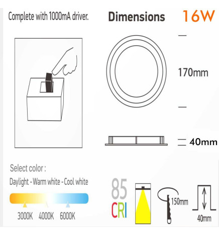 16W LED Downlight Round - OSRAM CHIP DURIS E 2835 - CCT - UGR19