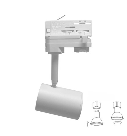 WHITE Track Light for GU10 Lamp - THREE-PHASE