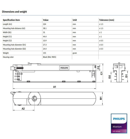 LED-drivrutin - Philips XITANIUM - för trefasspår 32W/a 0.7-0.8A 40V 3CB 230V  - 5 års garanti