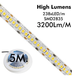 Tira LED 24V | 238xLED/m | 5m | SMD2835 | 2200Lm | 20W/M | IP20
