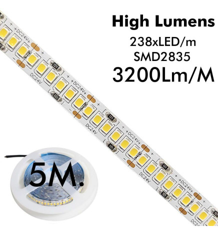 Tira LED 24V | 238xLED/m | 5m | SMD2835 | 2200Lm | 20W/M | IP20