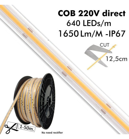 LED Strip COB 220V | 640 LED/m | 50m | FLIP CHIP | 1650Lm | 15W/M | CRI90 | IP20 | Cut 100cm