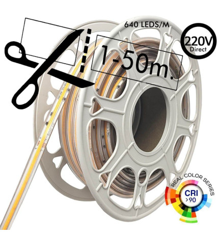 LED Strip COB 220V | 640 LED/m | 50m | FLIP CHIP | 1650Lm | 15W/M | CRI90 | IP20 | Cut 100cm