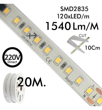 Striscia LED 220V | 120xLED/m | 20m | SMD2835 | 1450Lm/M | 14W/M | IP67 | Corte cada 10cm