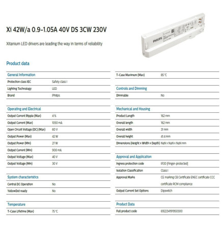 LED-drivrutin - Philips XITANIUM - för trefasspår XI 36W-42W/a0.9-1.05A 40V DS 3CW 240V - 5 års garanti