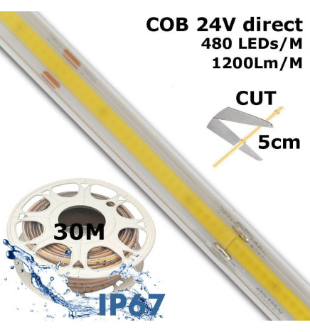 Ruban LED COB 24V | 480 LED/m | 30m | FLIP CHIP | 1200Lm |12W/M | CRI90 | IP20