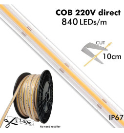 Ruban LED COB 220V | A LA COUPE | 840 LED/m | 50m | FLIP CHIP | 1500Lm | 16W/M | CRI90 | IP67 | Coupe tous les 10cm