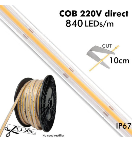 Ruban LED COB 220V | A LA COUPE | 840 LED/m | 50m | FLIP CHIP | 1500Lm | 16W/M | CRI90 | IP67 | Coupe tous les 10cm