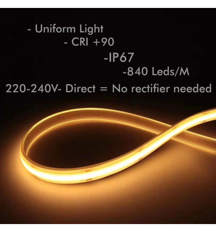 Fita LED COB 220V | CUSTOM CUT | 840 LED/m | 50m | FLIP CHIP | 1500Lm |16W/M | CRI90 | IP67 | Corte 10cm