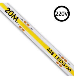 Ruban LED COB 220V | 320 LED/m | 20m | FLIP CHIP | 1200Lm | 12W/M | CRI92 | IP67  | Coupe tous les 25 cm