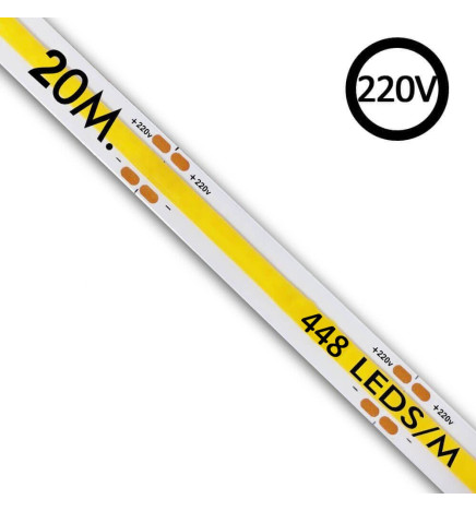 Ruban LED COB 220V | 320 LED/m | 20m | FLIP CHIP | 1200Lm | 12W/M | CRI92 | IP67  | Coupe tous les 25 cm
