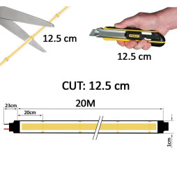 Ruban LED COB 220V | 320 LED/m | 20m | FLIP CHIP | 1200Lm | 12W/M | CRI92 | IP67  | Coupe tous les 25 cm