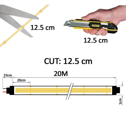 Fita LED COB 220V | 320 LED/m | 20m | FLIP CHIP | 1200Lm |12W/M | CRI92 | IP67 | Corte a cada 25cm
