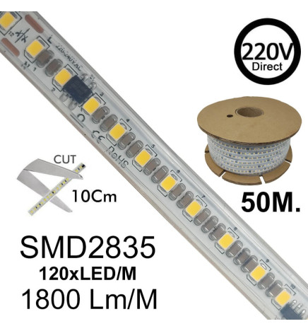 Ruban LED 220V PHOTOGRAPHIE VIDÉO | A LA COUPE | 120 LED/m | 50m | SMD2835 | 1800Lm/W | 14W/M | IP67 | Coupe  10 cm