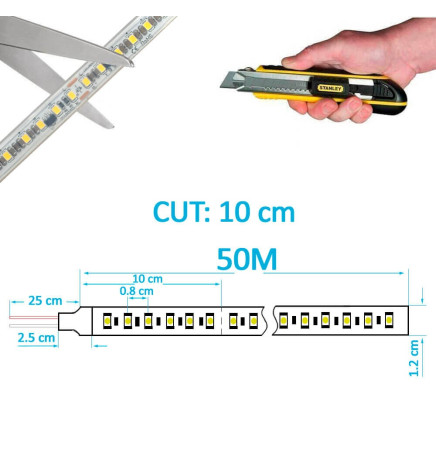 Ruban LED 220V PHOTOGRAPHIE VIDÉO | A LA COUPE | 120 LED/m | 50m | SMD2835 | 1800Lm/W | 14W/M | IP67 | Coupe  10 cm