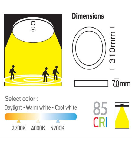 LED Ceiling Light - MicroWave Detector 24W - 20W - 16W - Motion Sensor - 2700K+CCT - OSRAM CHIP