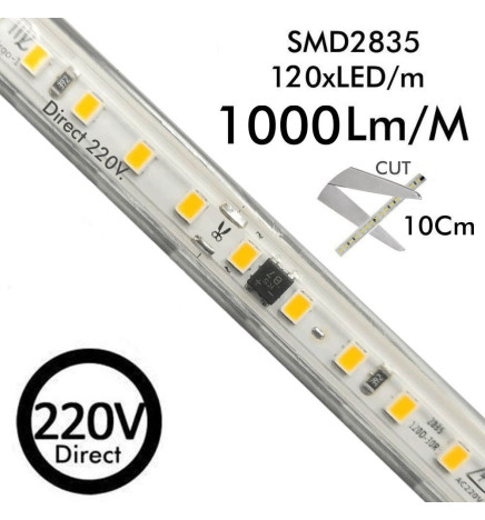 LED Strip 220V | CUSTOM CUT | 120LED/m | 50m | SMD 2835 | 1000Lm | 10W/M | CRI90 | IP65 | Cut 10cm