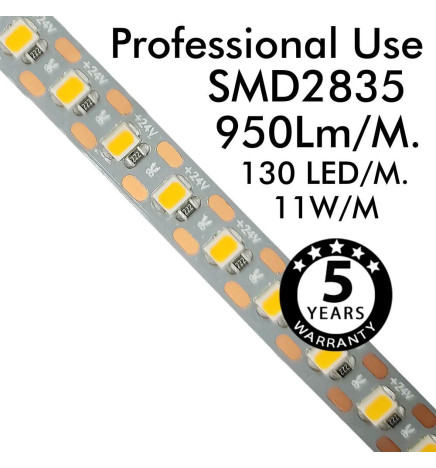 Striscia LED 24V |130 LED/m | 5m | SMD2835 | 950Lm |11W/M | CRI93 | IP20